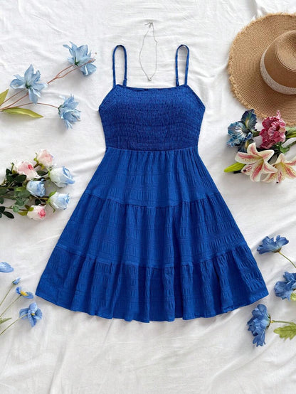 Soleia Women's Summer Holiday Solid Color Spaghetti Strap Dress With Ruffled Hem Mensa