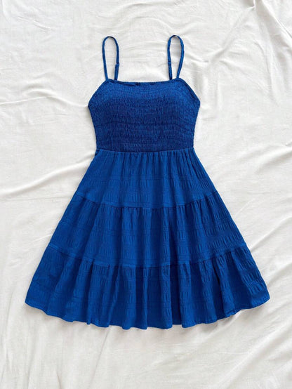 Soleia Women's Summer Holiday Solid Color Spaghetti Strap Dress With Ruffled Hem Mensa