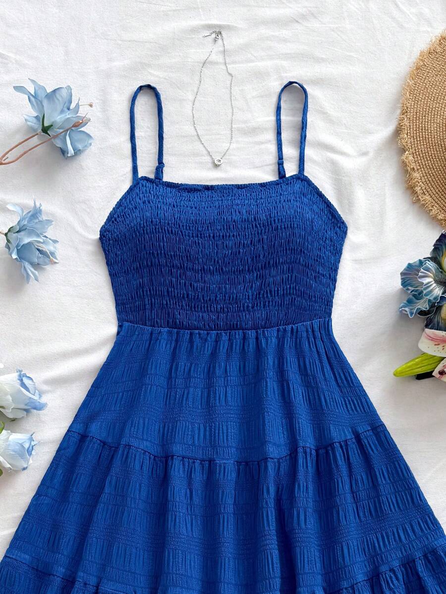 Soleia Women's Summer Holiday Solid Color Spaghetti Strap Dress With Ruffled Hem Mensa