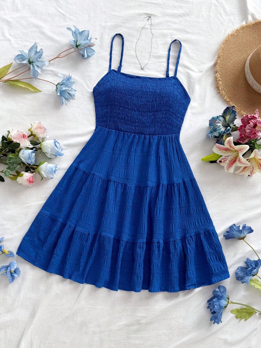 Soleia Women's Summer Holiday Solid Color Spaghetti Strap Dress With Ruffled Hem Mensa