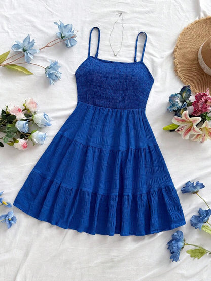 Soleia Women's Summer Holiday Solid Color Spaghetti Strap Dress With Ruffled Hem Mensa