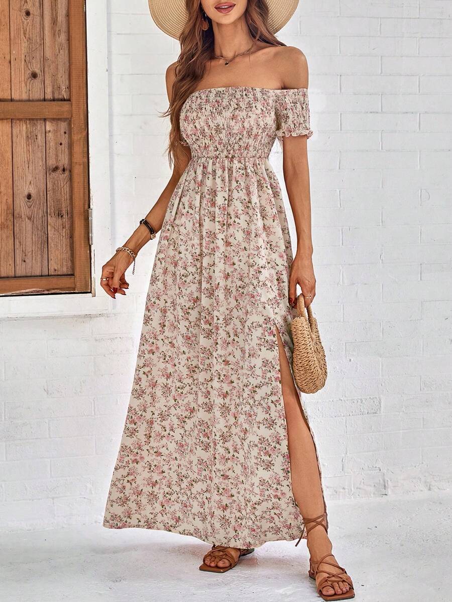 Breezaya Short Sleeve Off-Shoulder Ditsy Floral Slit Summer Dress Maxi Vacation Beach Outfits Women Mensa
