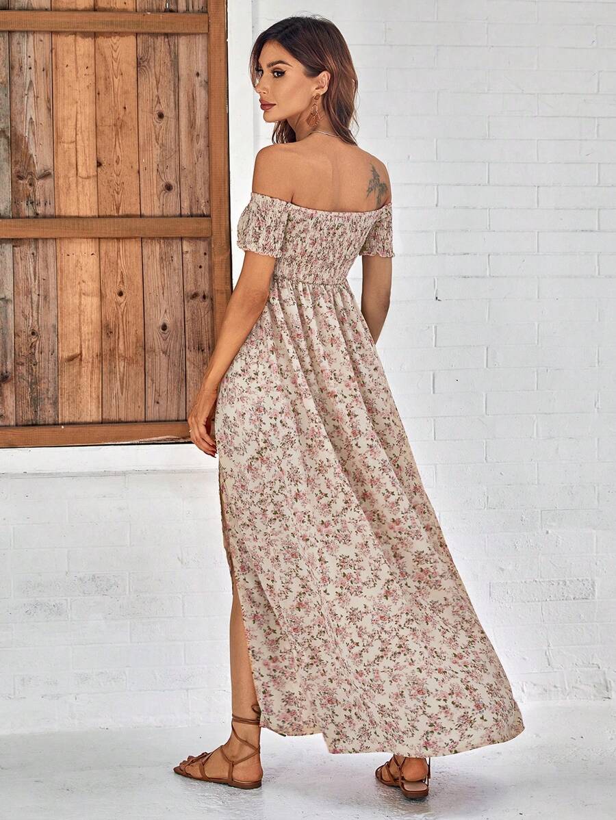 Breezaya Short Sleeve Off-Shoulder Ditsy Floral Slit Summer Dress Maxi Vacation Beach Outfits Women Mensa