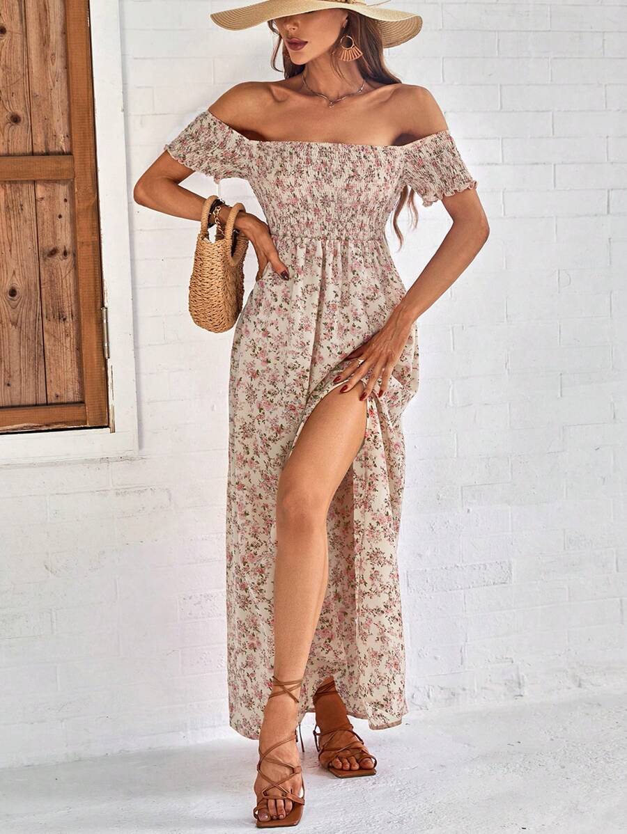Breezaya Short Sleeve Off-Shoulder Ditsy Floral Slit Summer Dress Maxi Vacation Beach Outfits Women Mensa