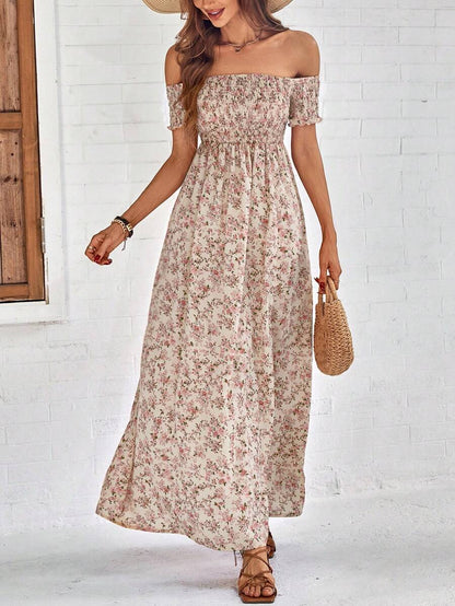 Breezaya Short Sleeve Off-Shoulder Ditsy Floral Slit Summer Dress Maxi Vacation Beach Outfits Women Mensa