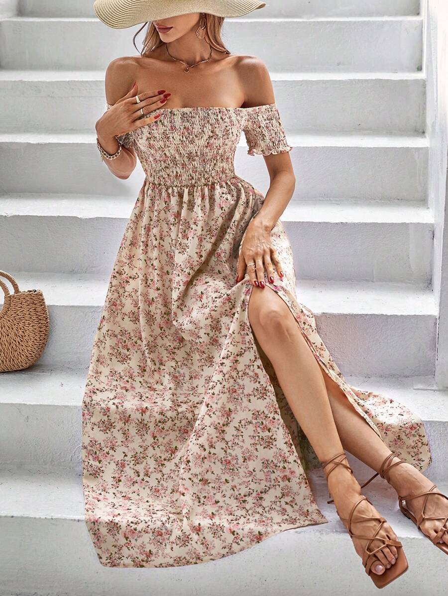 Breezaya Short Sleeve Off-Shoulder Ditsy Floral Slit Summer Dress Maxi Vacation Beach Outfits Women Mensa
