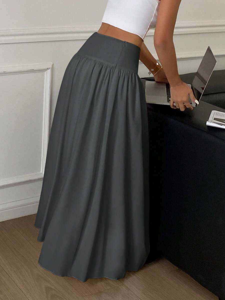 Cressida High Waist Wide Waistband Pleated Maxi Skirt - Grey