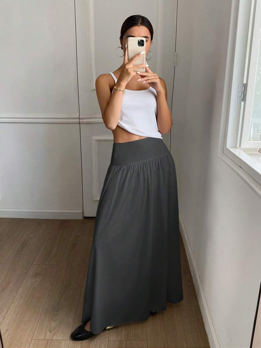 Cressida High Waist Wide Waistband Pleated Maxi Skirt - Grey