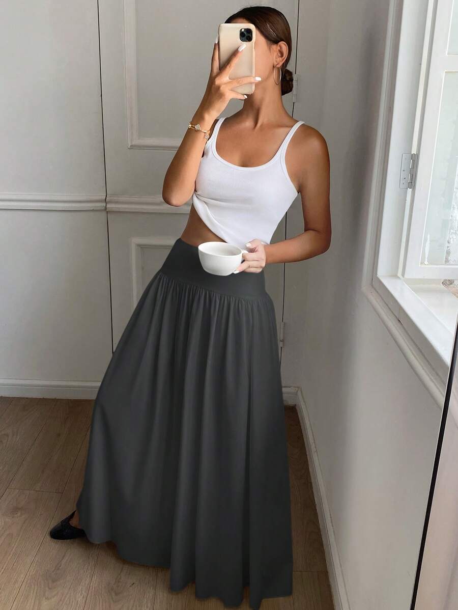 Cressida High Waist Wide Waistband Pleated Maxi Skirt - Grey