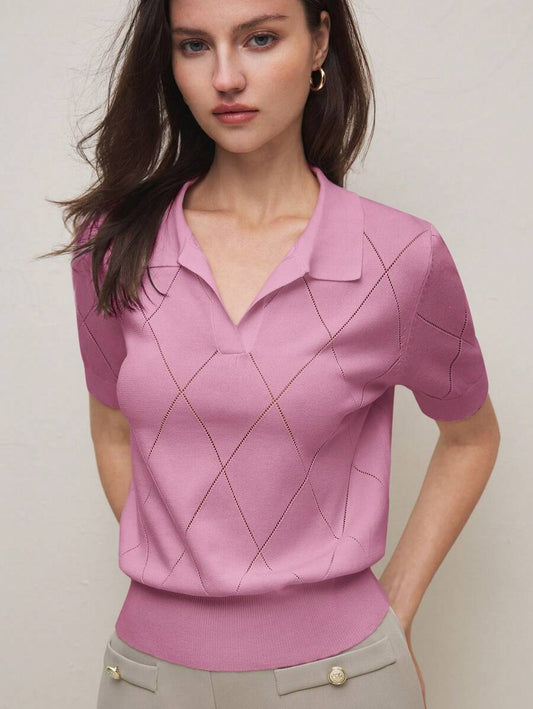 Nadia Navy Blue Polo Collar Diamond Crochet Short Sleeve Sweater - Pink