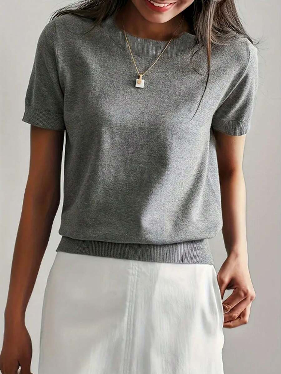 Women's Fine Rib Knit Short Sleeve Top, Fitted Stretch Tee for Layering and Work - Navy Blue