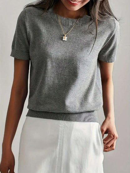 Women's Fine Rib Knit Short Sleeve Top, Fitted Stretch Tee for Layering and Work - Navy Blue