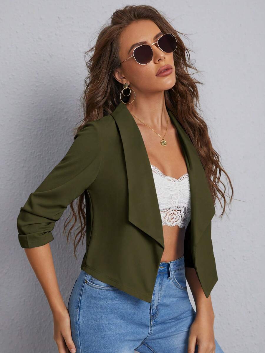Diana Shawl Collar Ruched Crop Blazer - Army Green