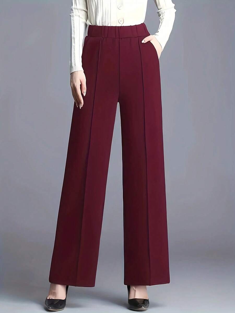 Estella Pressed Seam Straight Leg Knit Trousers - Burgundy