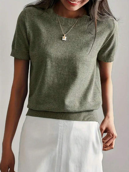 Women's Fine Rib Knit Short Sleeve Top, Fitted Stretch Tee for Layering and Work - Earthy Yellow