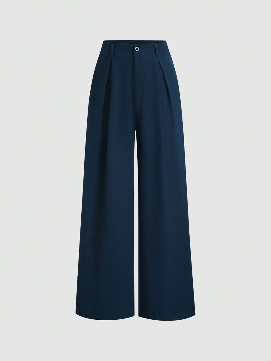 Katya Pleated Wide Leg Pants Tailored High Rise Trousers - Navy