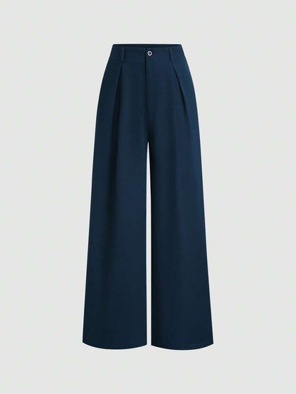 Katya Pleated Wide Leg Pants Tailored High Rise Trousers - Navy