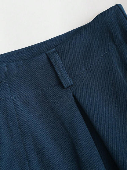Katya Pleated Wide Leg Pants Tailored High Rise Trousers - Navy