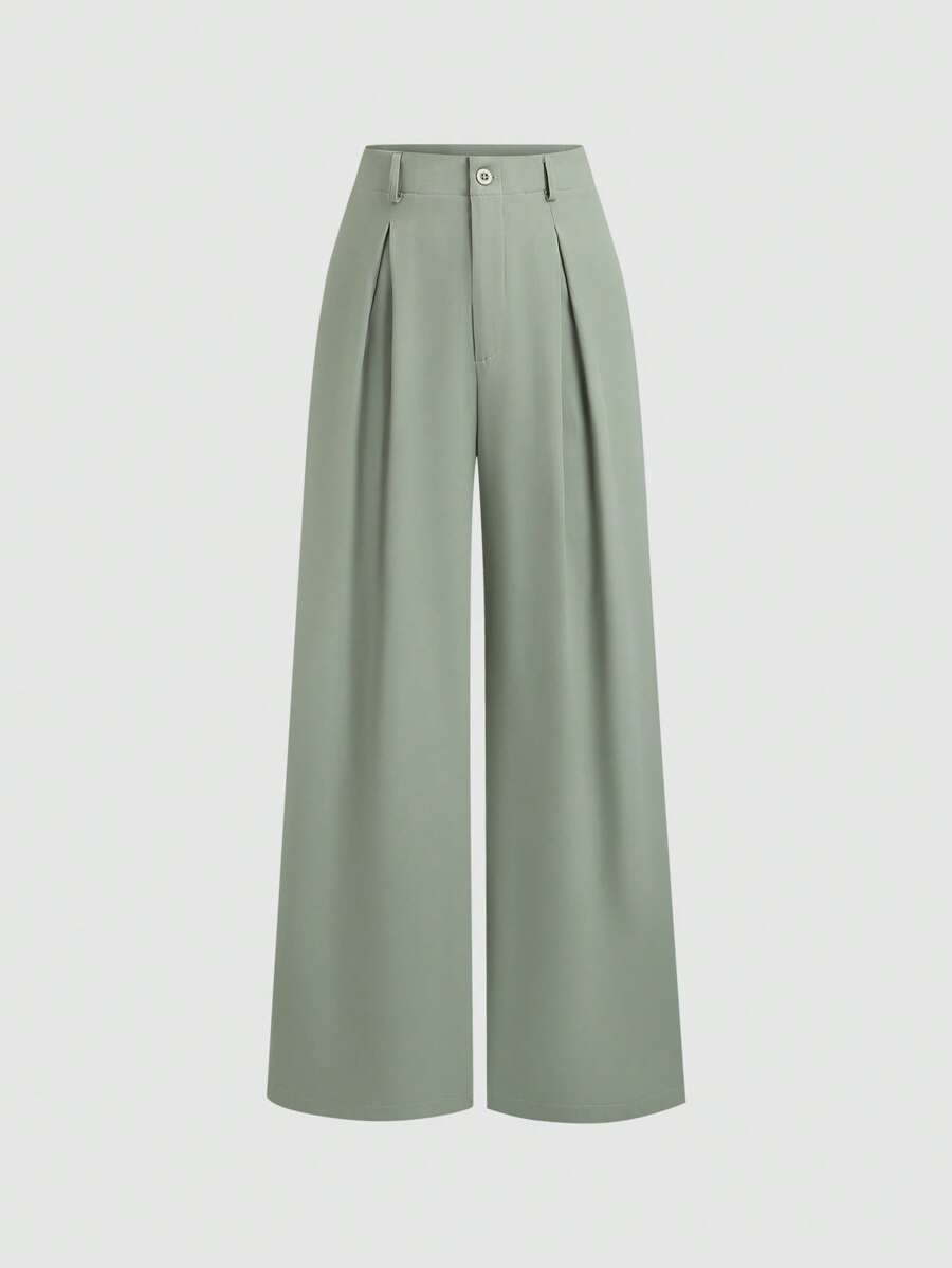 Katya Pleated Wide Leg Pants Tailored High Rise Trousers - Sage Green