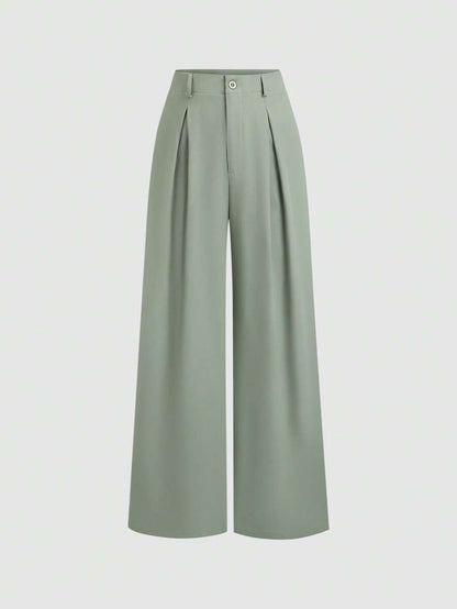 Katya Pleated Wide Leg Pants Tailored High Rise Trousers - Sage Green
