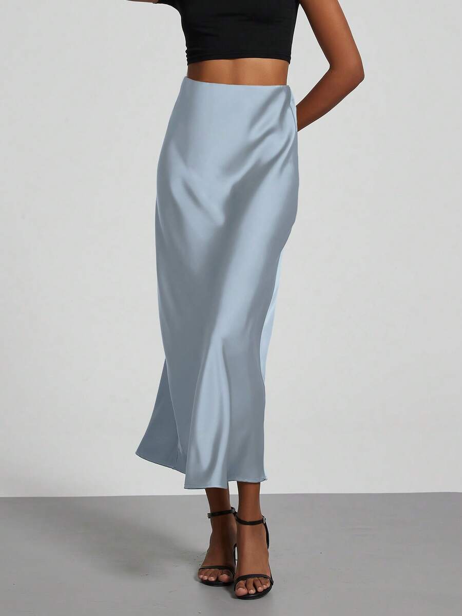 Rosabel Silky Satin Elastic Waist Maxi Slip Skirt - Cloud Blue