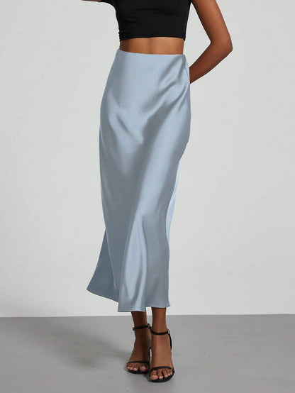Rosabel Silky Satin Elastic Waist Maxi Slip Skirt - Cloud Blue