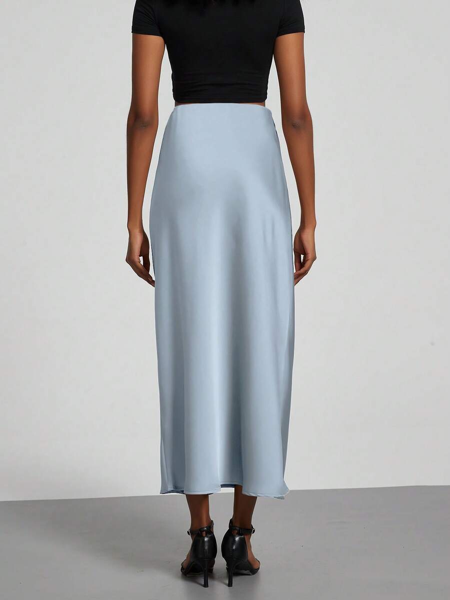 Rosabel Silky Satin Elastic Waist Maxi Slip Skirt - Cloud Blue