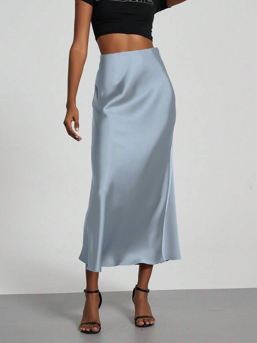 Rosabel Silky Satin Elastic Waist Maxi Slip Skirt - Cloud Blue
