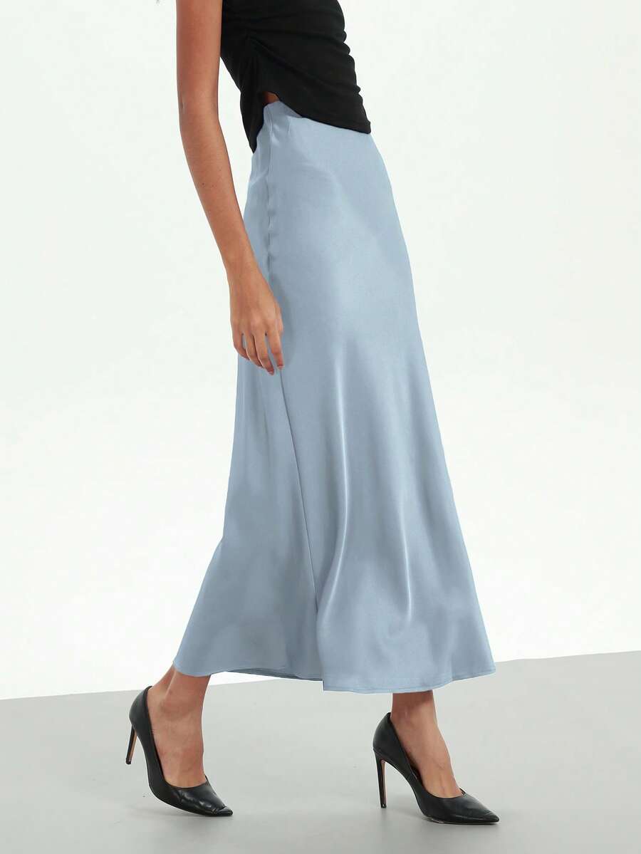 Rosabel Silky Satin Elastic Waist Maxi Slip Skirt - Cloud Blue