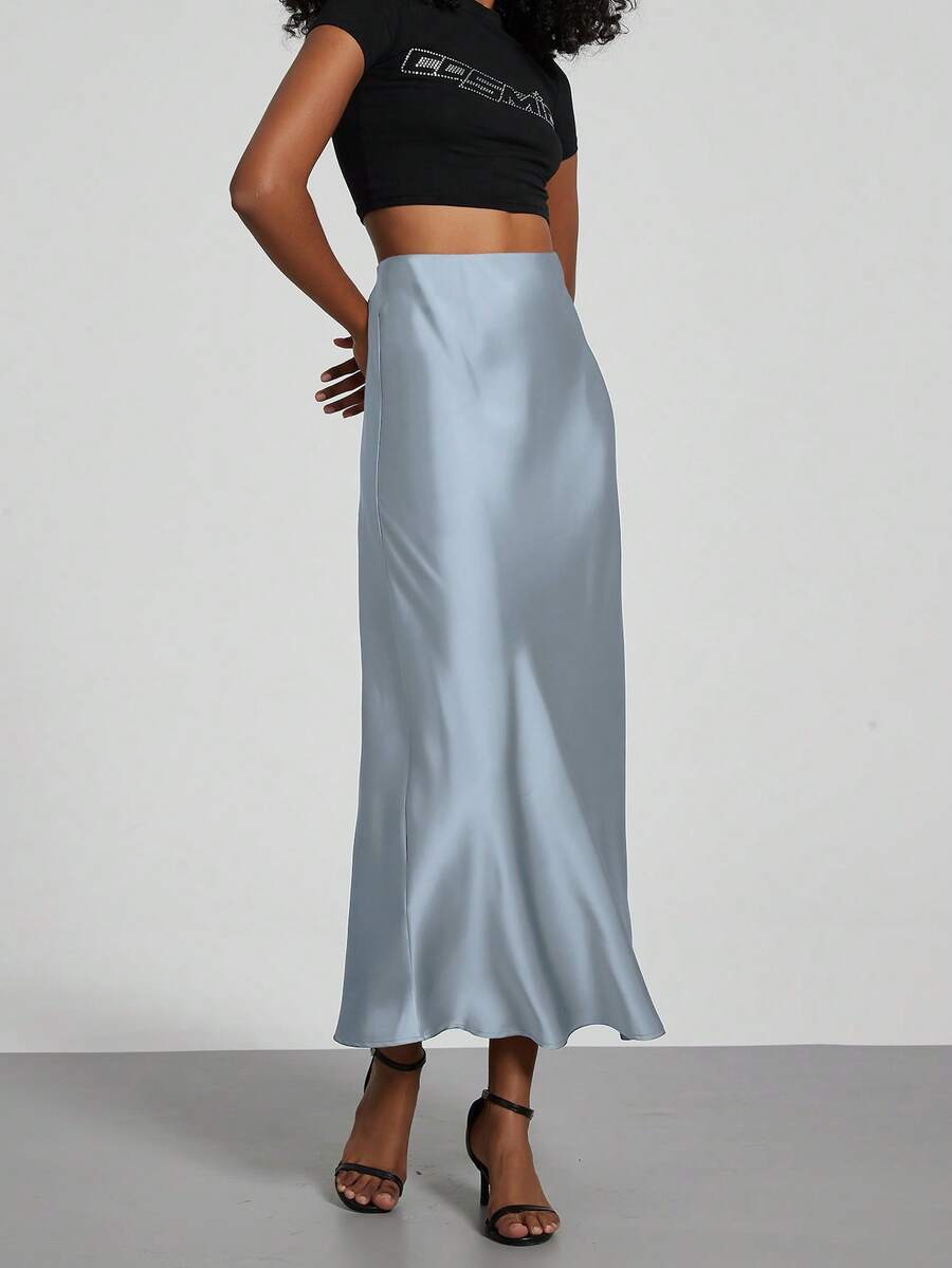 Rosabel Silky Satin Elastic Waist Maxi Slip Skirt - Cloud Blue