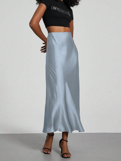 Rosabel Silky Satin Elastic Waist Maxi Slip Skirt - Cloud Blue