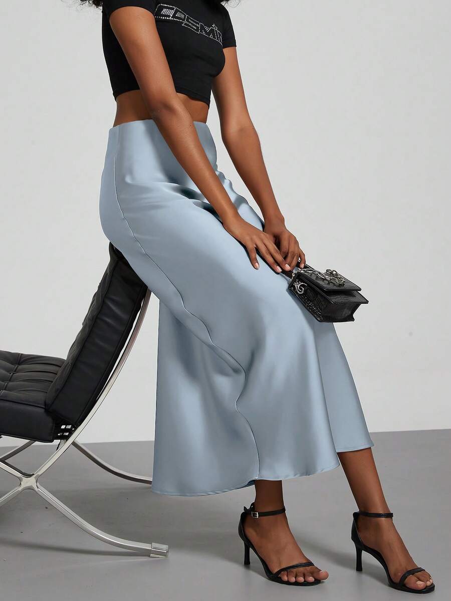 Rosabel Silky Satin Elastic Waist Maxi Slip Skirt - Cloud Blue