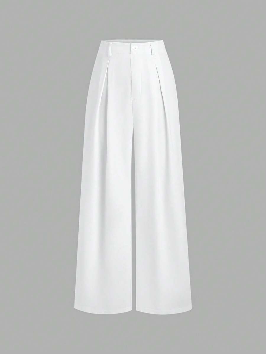 Katya Pleated Wide Leg Pants Tailored High Rise Trousers - White