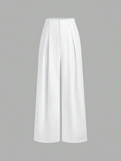 Katya Pleated Wide Leg Pants Tailored High Rise Trousers - White