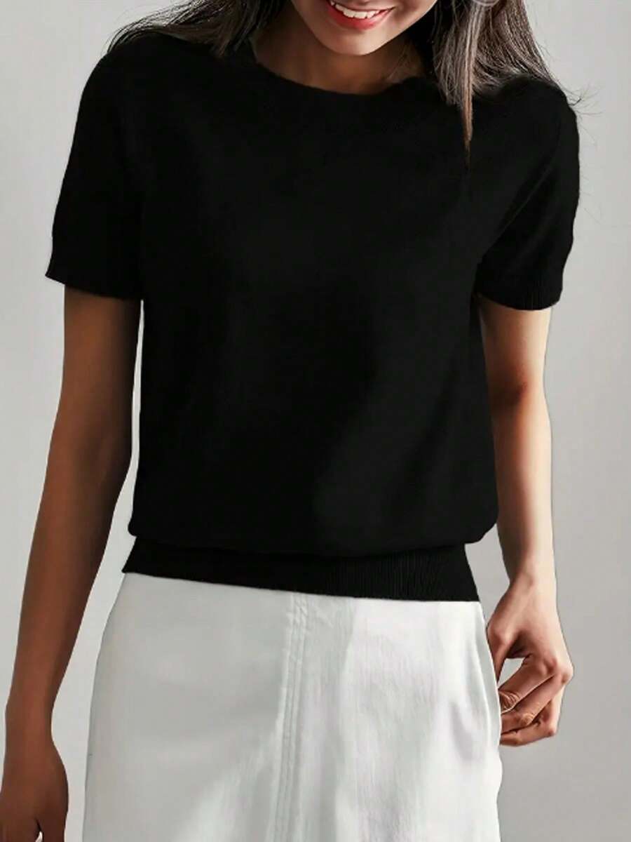 Women's Fine Rib Knit Short Sleeve Top, Fitted Stretch Tee for Layering and Work - Navy Blue