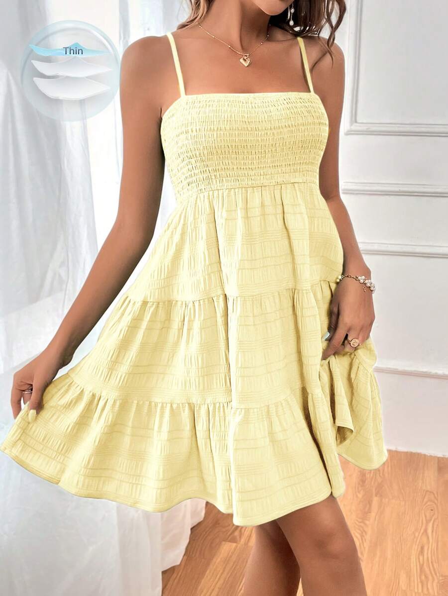 Soleia Women's Summer Holiday Solid Color Spaghetti Strap Dress With Ruffled Hem Mensa