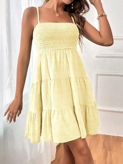 Soleia Women's Summer Holiday Solid Color Spaghetti Strap Dress With Ruffled Hem Mensa