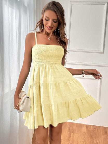 Soleia Women's Summer Holiday Solid Color Spaghetti Strap Dress With Ruffled Hem Mensa
