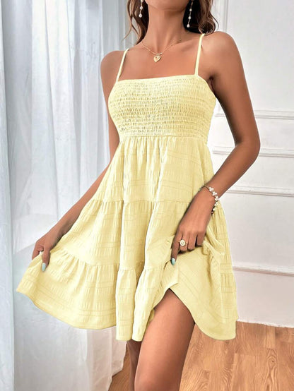 Soleia Women's Summer Holiday Solid Color Spaghetti Strap Dress With Ruffled Hem Mensa