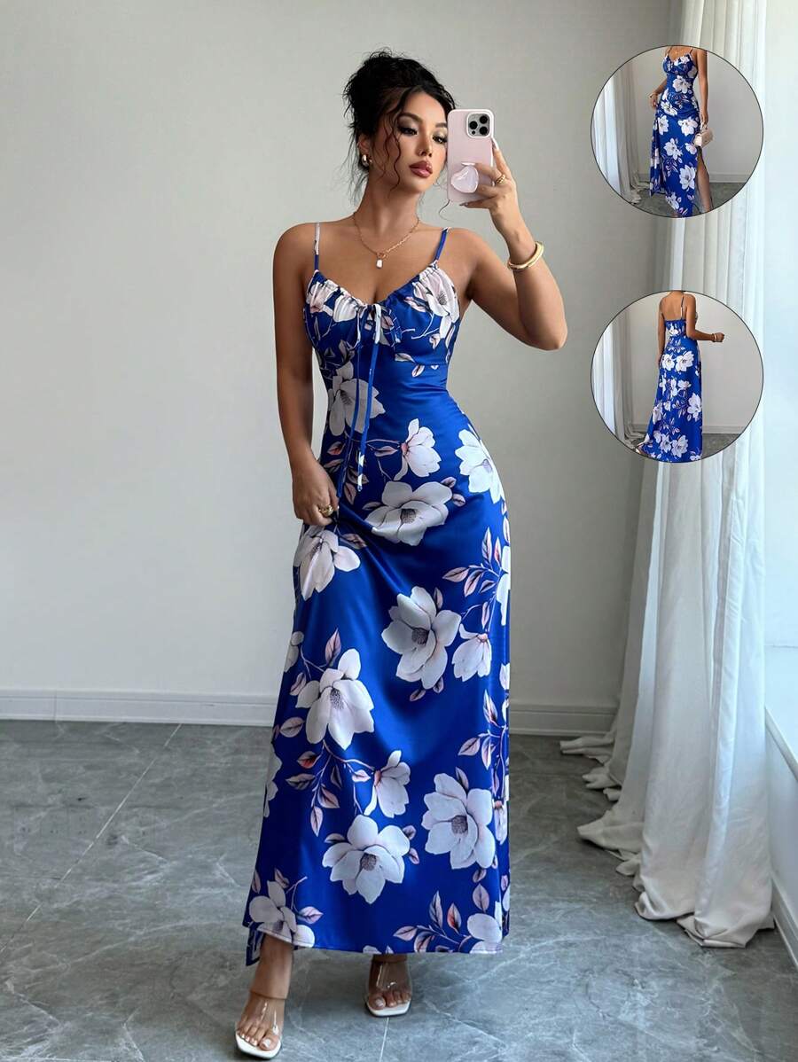 Elenzga Women's Elegant Green Floral Summer Holiday Vacation Holiday Satin Maxi Dress,Sleeveless Floral Print Vintage Waist Cinching Music Festival Mensa