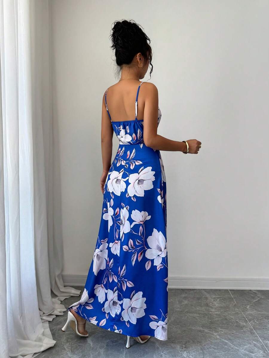 Elenzga Women's Elegant Green Floral Summer Holiday Vacation Holiday Satin Maxi Dress,Sleeveless Floral Print Vintage Waist Cinching Music Festival Mensa