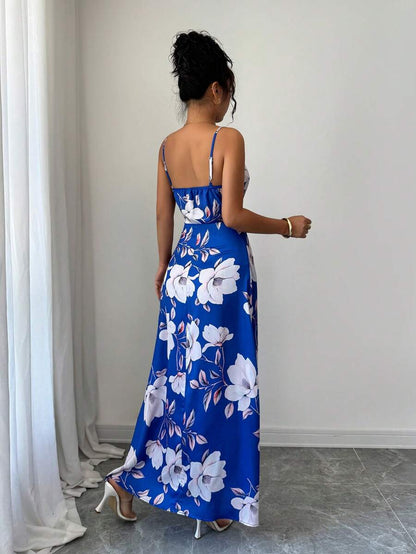 Elenzga Women's Elegant Green Floral Summer Holiday Vacation Holiday Satin Maxi Dress,Sleeveless Floral Print Vintage Waist Cinching Music Festival Mensa