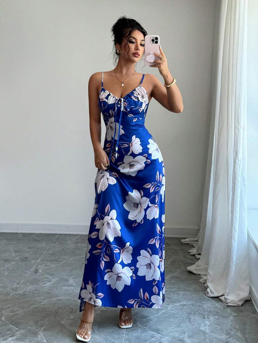 Elenzga Women's Elegant Green Floral Summer Holiday Vacation Holiday Satin Maxi Dress,Sleeveless Floral Print Vintage Waist Cinching Music Festival Mensa