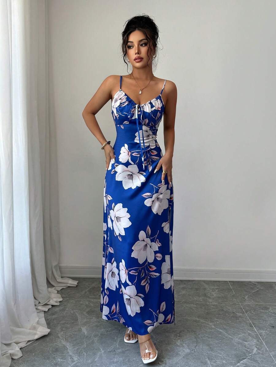 Elenzga Women's Elegant Green Floral Summer Holiday Vacation Holiday Satin Maxi Dress,Sleeveless Floral Print Vintage Waist Cinching Music Festival Mensa