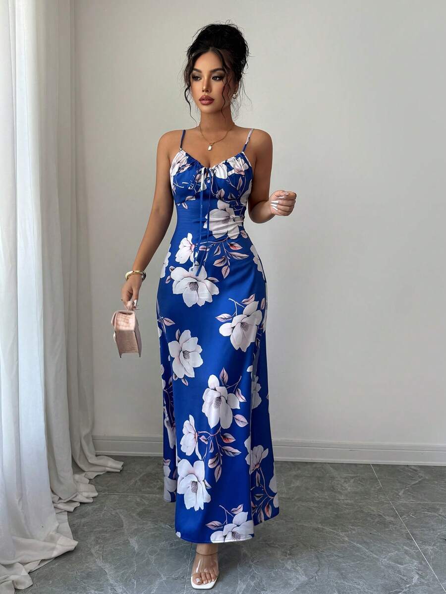 Elenzga Women's Elegant Green Floral Summer Holiday Vacation Holiday Satin Maxi Dress,Sleeveless Floral Print Vintage Waist Cinching Music Festival Mensa
