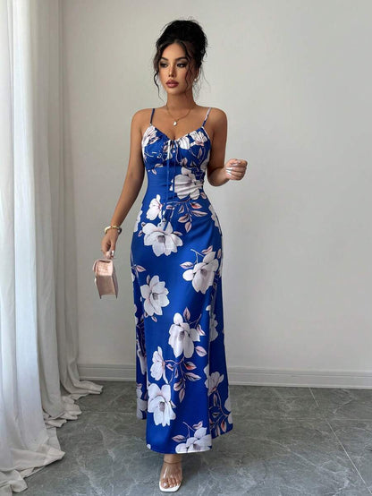 Elenzga Women's Elegant Green Floral Summer Holiday Vacation Holiday Satin Maxi Dress,Sleeveless Floral Print Vintage Waist Cinching Music Festival Mensa