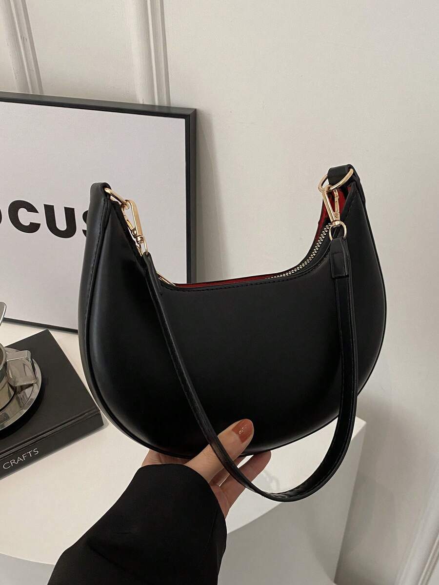 Women's Crescent Shoulder Bag, Faux Leather Half Moon Purse with Gold Hardware