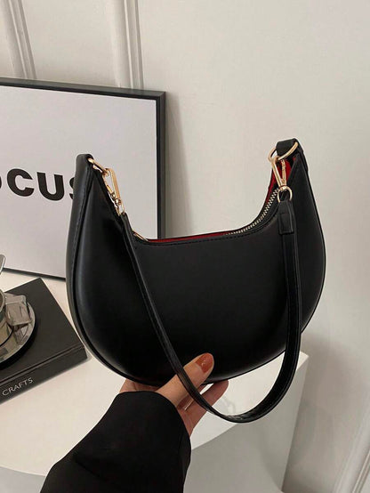 Women's Crescent Shoulder Bag, Faux Leather Half Moon Purse with Gold Hardware