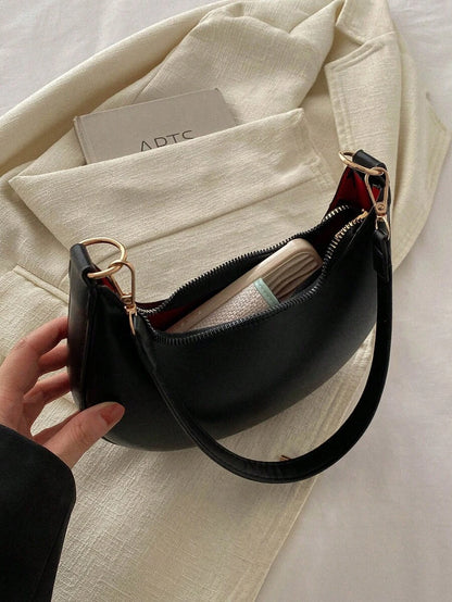 Women's Crescent Shoulder Bag, Faux Leather Half Moon Purse with Gold Hardware