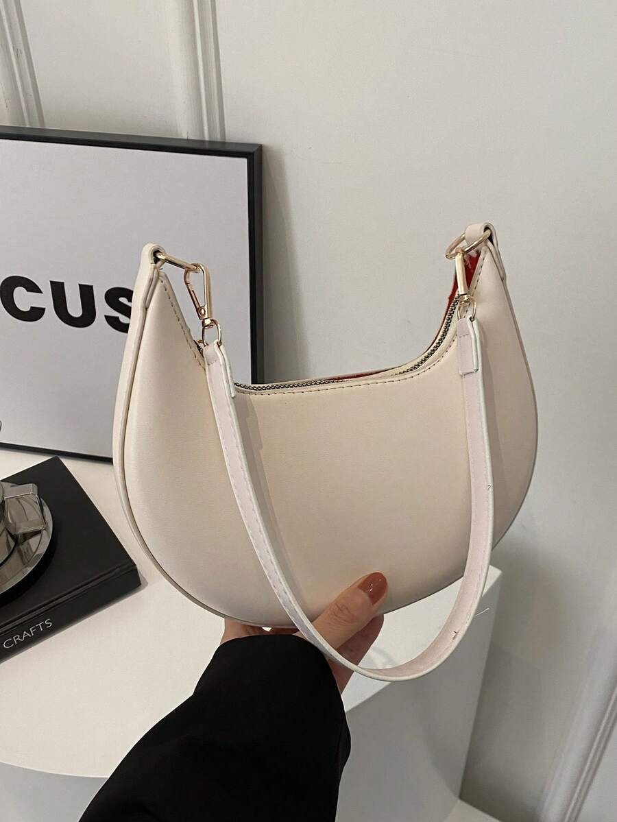 Women's Crescent Shoulder Bag, Faux Leather Half Moon Purse with Gold Hardware